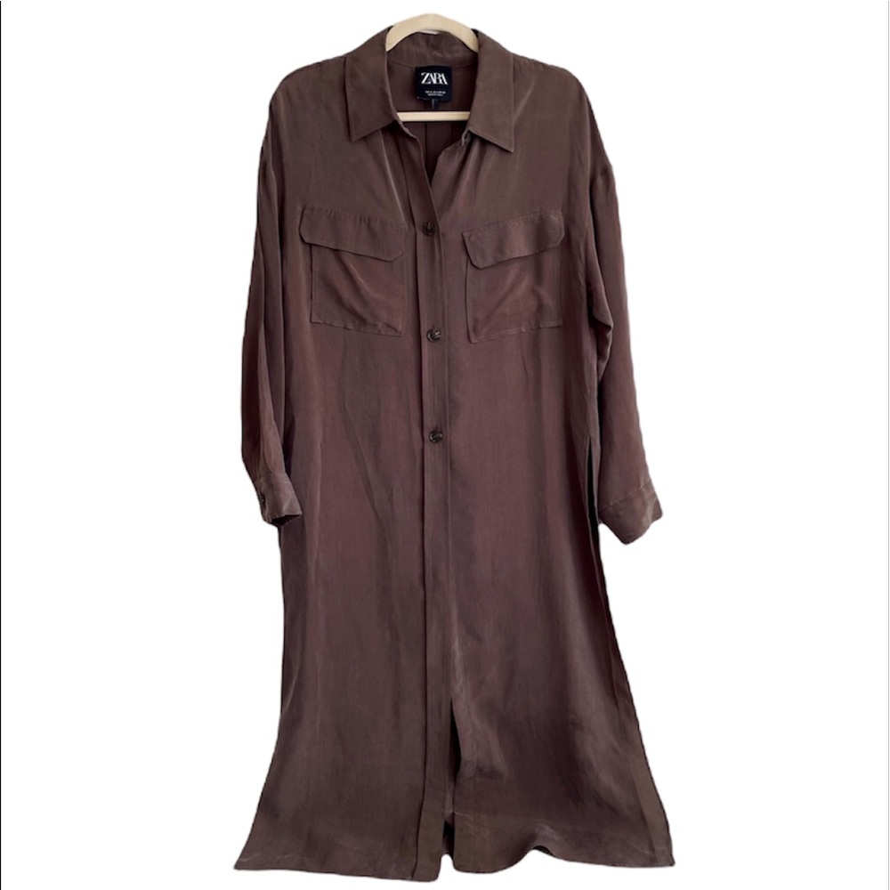 ZARA chocolate brown button front long duster lightweight shirt jacket Sz small